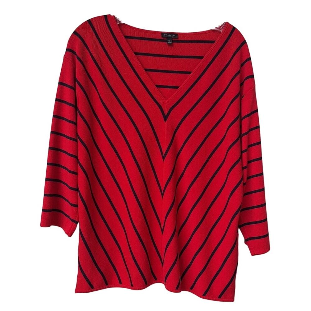 Talbots V neck 3/4 Sleeves Striped Red Black Sweater Top Size XL Stretch Viscose
